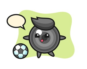 Illustration of camera lens cartoon is playing soccer