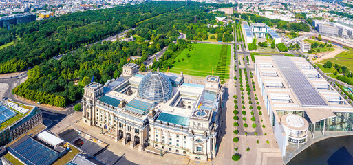 Aerial view of Reichstag in summer day, Berlin