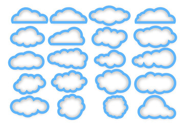 Clouds with shadows inside like icons isolated on white background. Contouring clouds in blue lines for design.