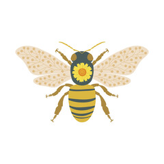 Ornate folksy symmetrical bee with floral ornament vector illustration isolated on white background. Decorative boho folk art honeybee insect design clipart. 