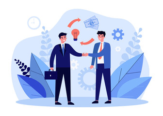 Business partners shaking hands. Business agreement, startup, money. Flat vector illustration. Cooperation, investments concept for banner, website design or landing web page