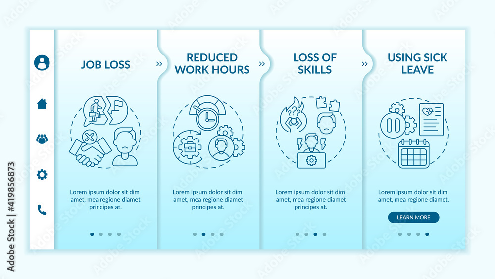 Aufkleber post covid syndrome and employment onboarding vector template. reduced work hours and telework. resp