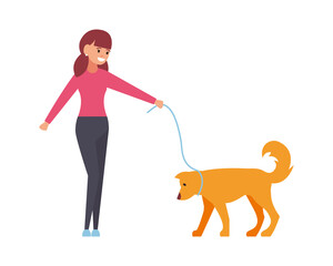 Professional dog walking. A man walks with a pet. Vector illustration isolated on white background