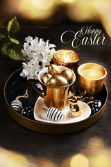 Easter card with decors in white and golden colors on black background