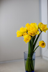A yellow bouquet of daffodils in a glass vase on the windowsill