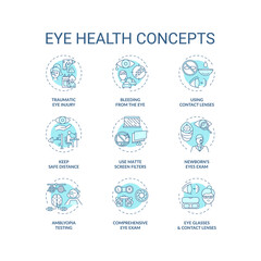 Eye health concept icons set. Traumatic eye injury types. Blood from body organs. Use matte screen filters idea thin line RGB color illustrations. Vector isolated outline drawings. Editable stroke