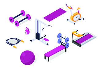 Gym equipment set 3D isometric vector concept for banner, website, illustration, landing page, flyer, etc