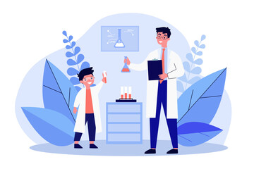 Young scientist showing research results to experienced chemist. Laboratory, flask, test tubes, experiment. Flat vector illustration. Science, research concept for banner, website design, landing page