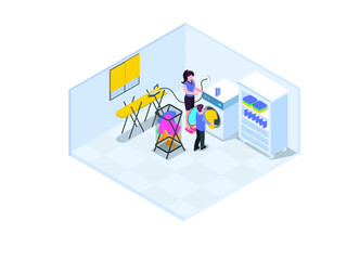 Family washing laundry 3D isometric vector concept for banner, website, illustration, landing page, flyer, etc