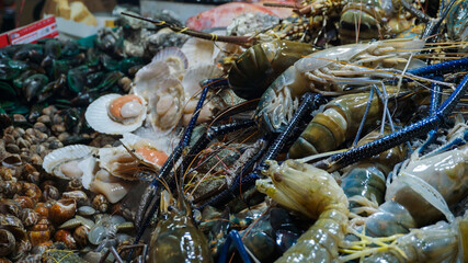 Close-up of fresh see food in the night market Bankok, Thailand