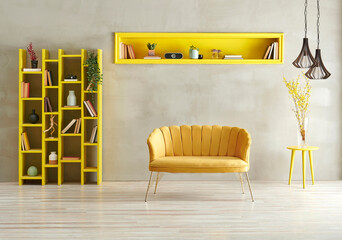 Grey concrete wall background with yellow bookshelf, sofa and niche with lamp.