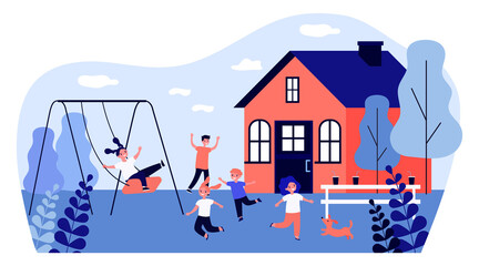 Happy children playing backyard. Swing, game, fun. Flat vector illustration. Summer, outdoor activity, entertainment concept for banner, website design or landing web page