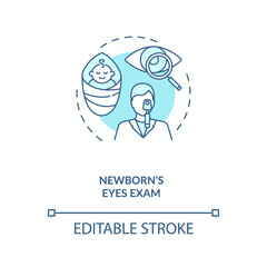 Newborns eyes exam concept icon. Eye screening for children. Checking how good child can see after being born idea thin line illustration. Vector isolated outline RGB color drawing. Editable stroke