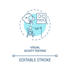 Visual acuity testing concept icon. Eye screening for children. Eye exam that checks how you can naturaly see idea thin line illustration. Vector isolated outline RGB color drawing. Editable stroke