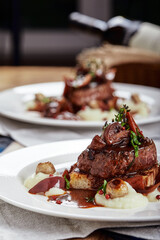 Gourmet appetizer: Beautifully decorated catering banquet foie gras with berries