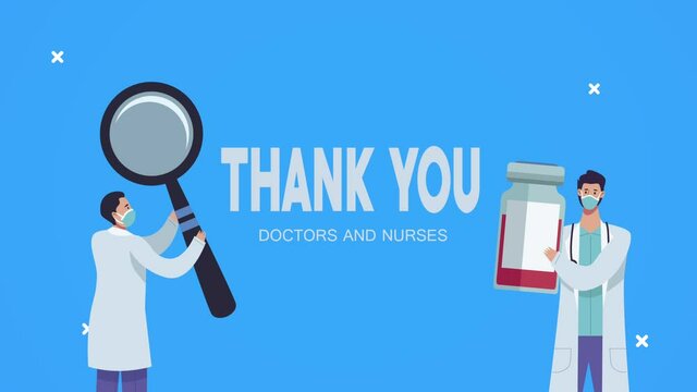 thank you doctors and nurses lettering with magnifying glass and vaccine vials