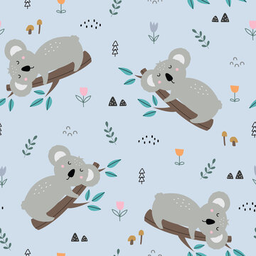 Koala seamless pattern Cartoon characters perched on branches with flowers as a backdrop Cute hand-drawn animal background in childrens style Vector images used for print, wallpaper, fabric, textiles.