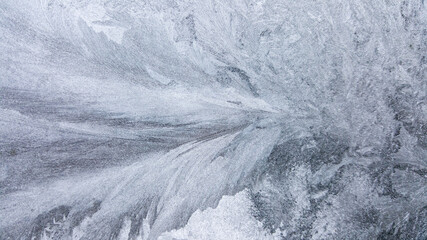 ice flowers on the window. very low temperatures in the morning during the winter season. traces of frost on the glass