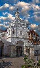 Fototapeta na wymiar Entrace gate and St. Fedot church. Presentation of the Blessed Virgin monastery. City of Serpukhov, Russia