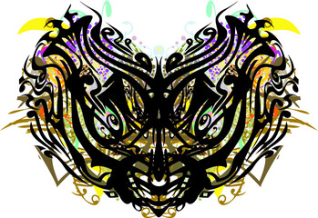 Carnival cat mask colorful splashes. Beautiful detailed tribal mask like a cat's head with an unusual pattern, golden and floral splashes for holidays and events, tattoos, prints, textiles, wallpaper