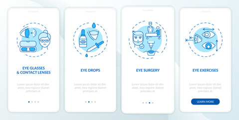 Eye diseases treatment methods onboarding mobile app page screen with concepts. Eye drops for dry eyes walkthrough 4 steps graphic instructions. UI vector template with RGB color illustrations