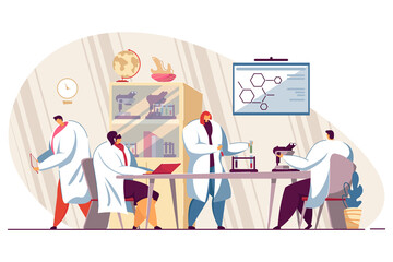 Happy group of medical students in lab isolated flat vector illustration. Cartoon scientists conducting research or chemical tests. Chemistry, medicine and science concept
