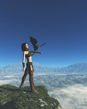 
Female Dragon Trainer with Baby Dragon Above the Forest Valley, 3d digitally rendered fantasy illustration