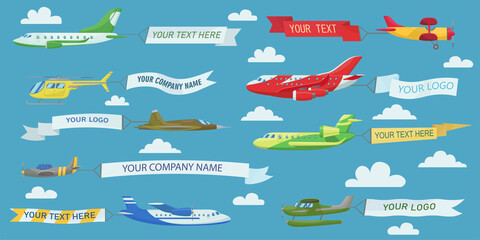 Creative planes flying with advertising banners flat illustration set. Cartoon aircrafts, airplanes and biplanes with ribbons isolated vector illustrations. Aviation and advertisement concept