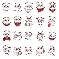 Trendy funny faces flat pictures set. Cartoon comic cute caricature characters with eyes and mouth isolated on white background vector illustrations. Feeling expression and communication concept