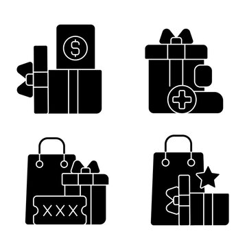 Purchase discounts and cashback black glyph icons set on white space. Discount coupons and promotional codes. Customers spending money and bonuses. Silhouette symbols. Vector isolated illustration