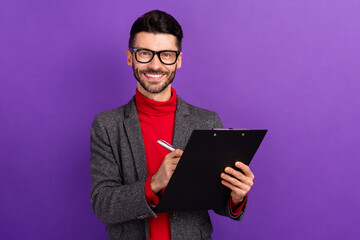 Photo of optimistic nice brown hair man hold folder wear spectacles red sweater jacket isolated on purple color background