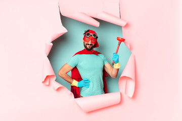 crazy  super hero man. happy and surprised expression.. housekeeping concept