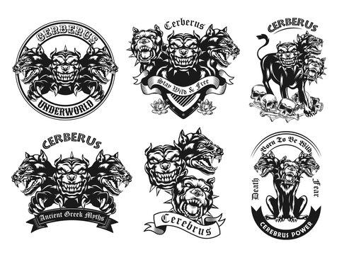 Monochrome emblems with Cerberus vector illustration set. Vintage logotypes with three headed ancient myth dog. Mythology and fantastic creatures concept can be used for stickers and badges