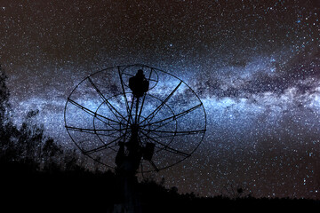 radiotelescopes silhouettes under milky way background