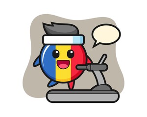 Romania flag badge cartoon character walking on the treadmill