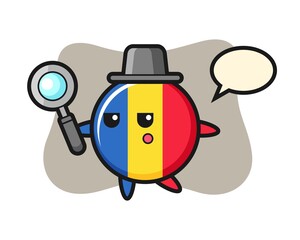 Romania flag badge cartoon character searching with a magnifying glass
