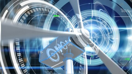 Animation of wind turbine spinning, data processing and scope scanning - Powered by Adobe