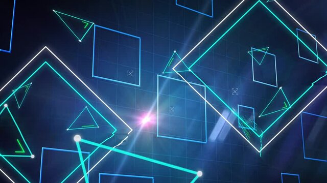 Animation of geometric shapes outlines over grid on blue background