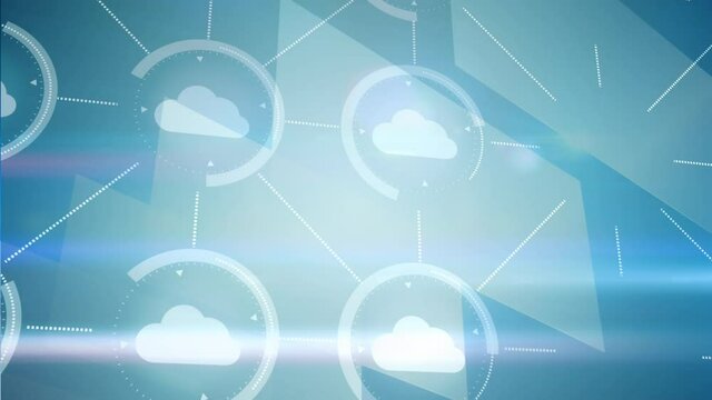 Animation of network of cloud icons on glowing blue background