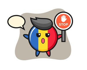 Romania flag badge character illustration holding a stop sign