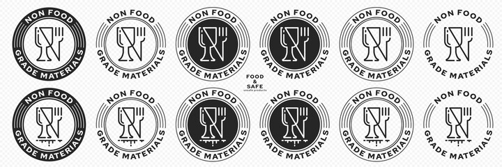 Set of stamps. Labeling - not food grade or non food grade materials. Glass and fork flat icon stamp set. Vector grouped elements.