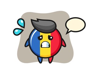 Romania flag badge mascot character with afraid gesture