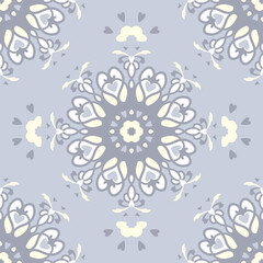 Seamless pattern. Mandala with hearts. Pastel blue jean color, pale yellow and white . Pastel colors. Vector.	