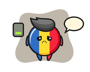 Romania flag badge mascot character doing a tired gesture