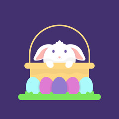 an illustration of a rabbit in a basket and surrounded by easter eggs. a rabbit that is cute, funny, and adorable. flat style. vector design element for easter day