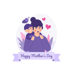 a design concept of happy mother's day. illustration of a boy hugging or holding his mother. children who love their parents. flat style vector