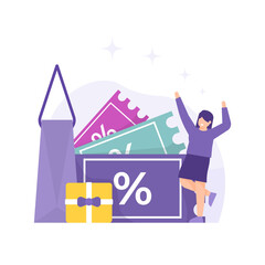 illustration of a happy woman getting a discount voucher. get special prices or promo prices. gifts for customers. flat style. vector design