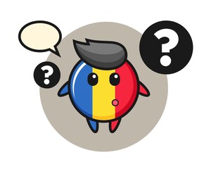 Cartoon illustration of romania flag badge with the question mark
