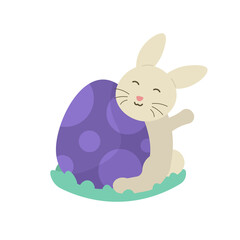 Obraz premium illustration of a rabbit hugging an easter egg. cartoon illustration of an animal that is funny, cute, and adorable. flat style. vector design.