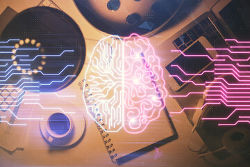 Double exposure of brain sketch and table top veiw. Concept of data analysis.